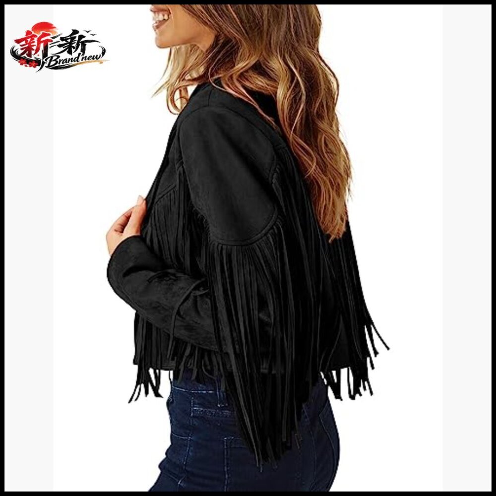 Faux Suede Fringe Cropped Jacket Motorcycle Style - Picture 5 of 7